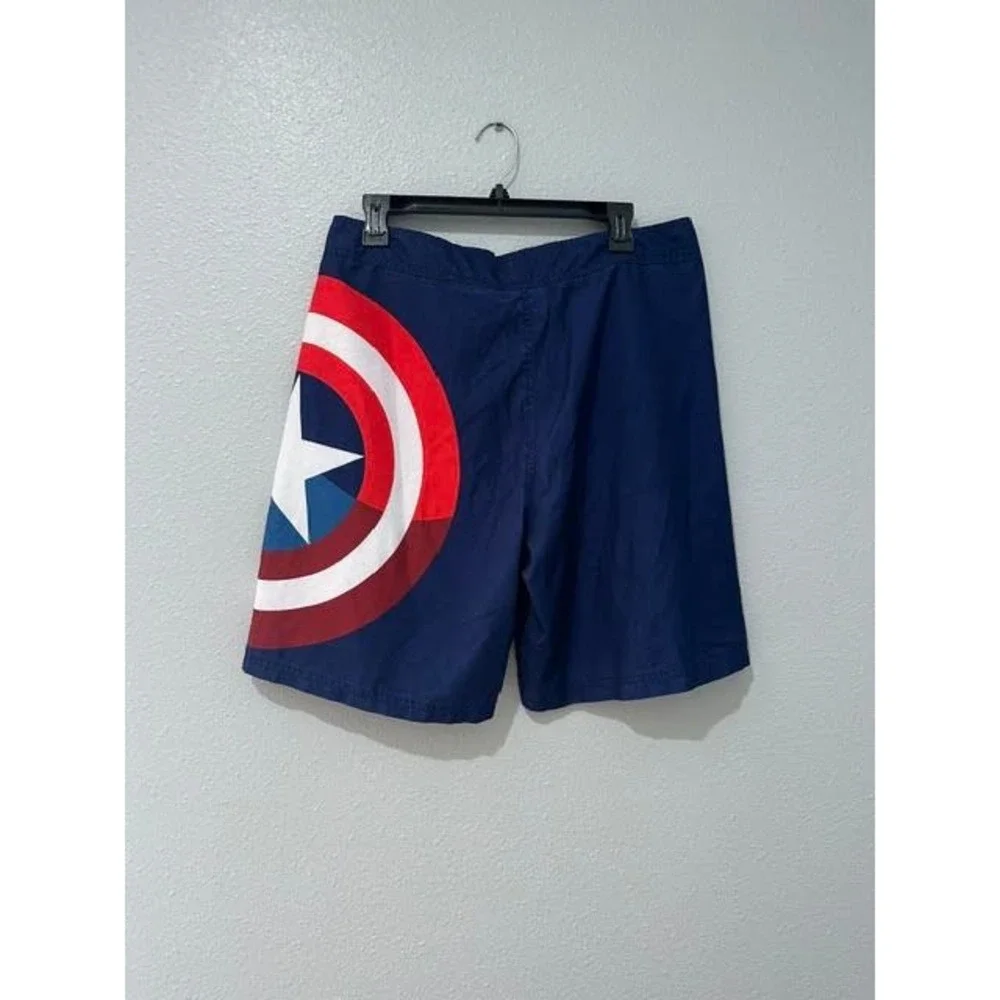 Marvel Captain America Board Shorts Mens Medium Navy Blue Shield Swim Trunks